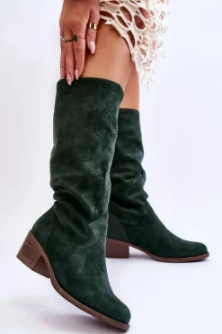 Damskie Zamszowe Kozaki Z Ażurowym Wzorem Zielone Enrissa