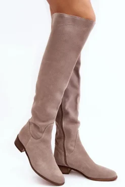 Damskie Zamszowe Kozaki Za Kolano Na Płaskim Obcasie Beżowe Hewanella