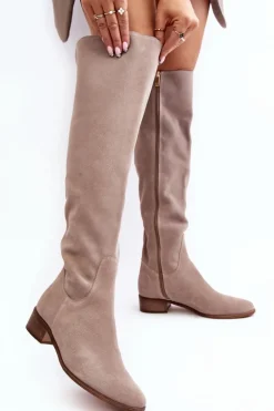 Damskie Zamszowe Kozaki Za Kolano Na Płaskim Obcasie Beżowe Hewanella