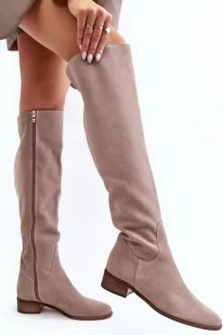 Damskie Zamszowe Kozaki Za Kolano Na Płaskim Obcasie Beżowe Hewanella
