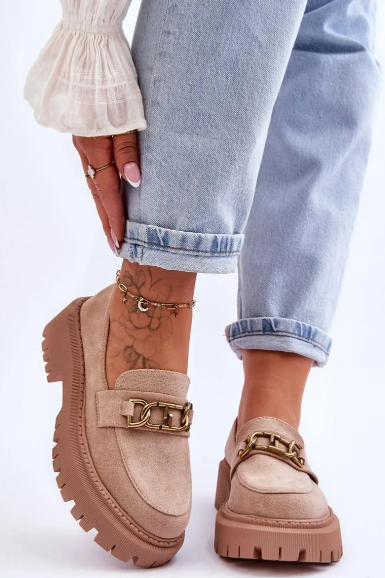 Damskie Zamszowe Mokasyny Na Platformie Beżowe Larey