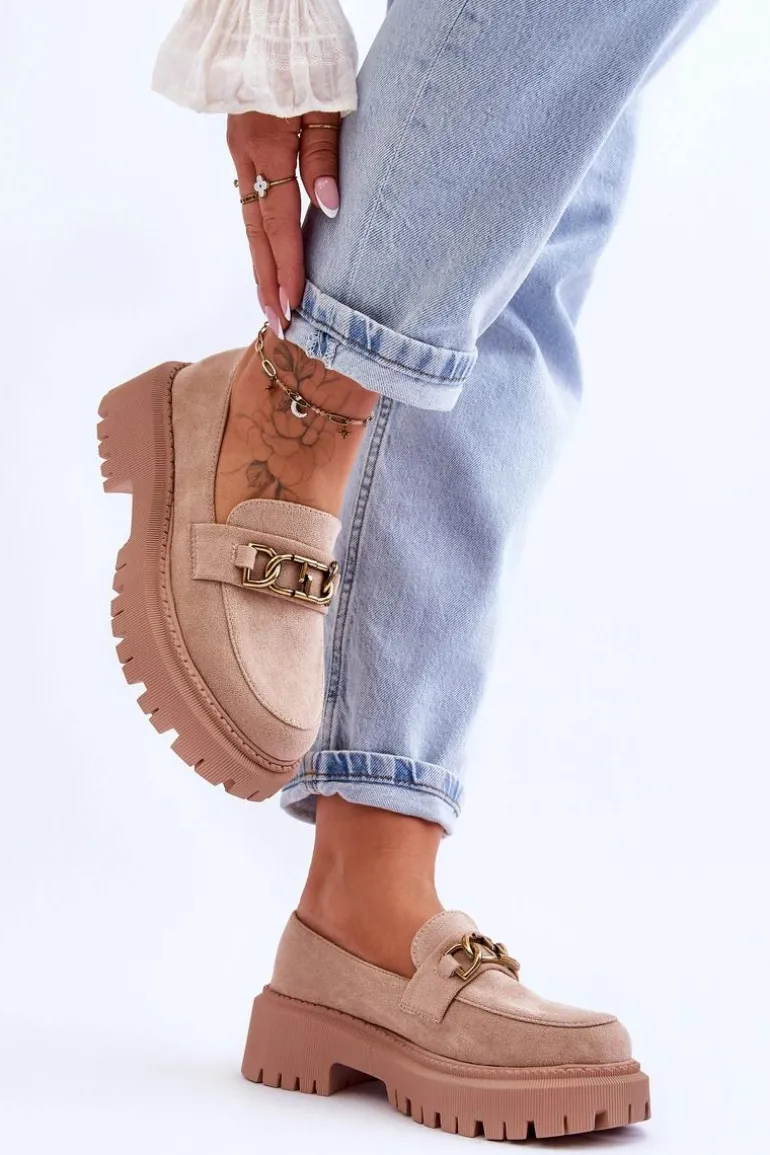 Damskie Zamszowe Mokasyny Na Platformie Beżowe Larey