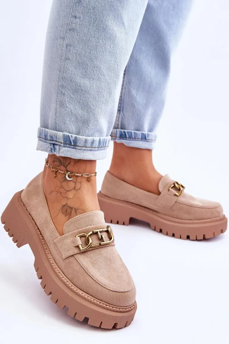 Damskie Zamszowe Mokasyny Na Platformie Beżowe Larey
