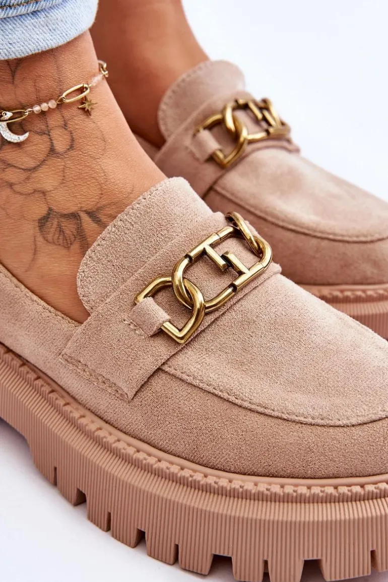 Damskie Zamszowe Mokasyny Na Platformie Beżowe Larey