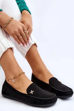 Damskie Zamszowe Mokasyny Z Ozdobą Czarne Leah