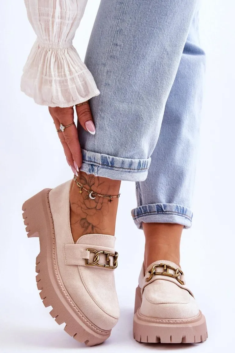 Damskie Zamszowe Mokasyny Na Platformie Jasnobeżowe Larey