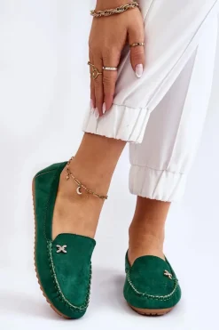 Damskie Zamszowe Mokasyny Z Ozdobą Zielone Leah