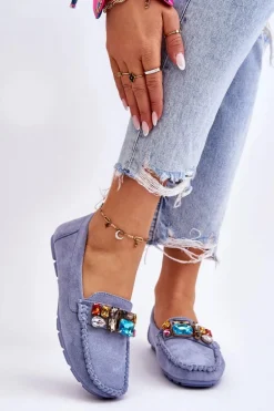 Damskie Zamszowe Mokasyny Z Kryształkami Niebieskie Lucille