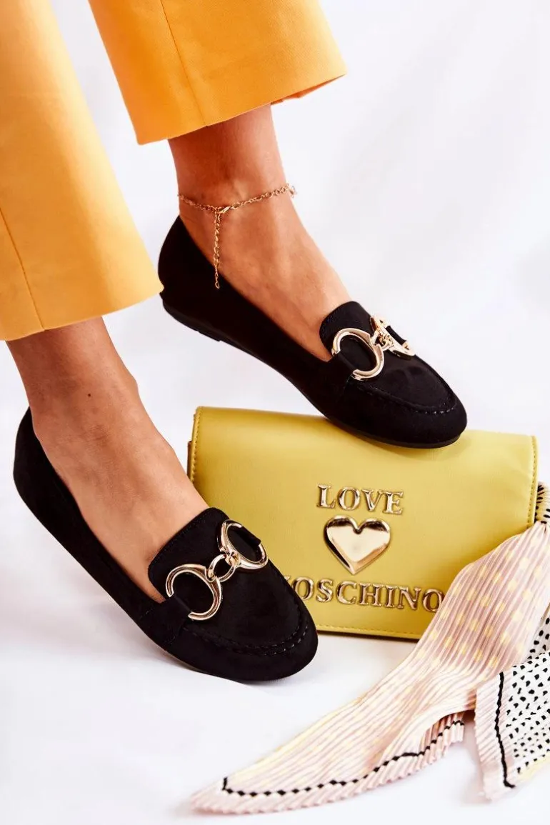 Damskie Zamszowe Mokasyny Z Ozdobą Czarne Reality