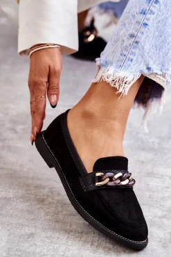 Damskie Zamszowe Mokasyny Z Łańcuszkiem Czarne Nolie