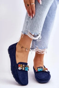 Damskie Zamszowe Mokasyny Z Kryształkami Granatowe Lucille