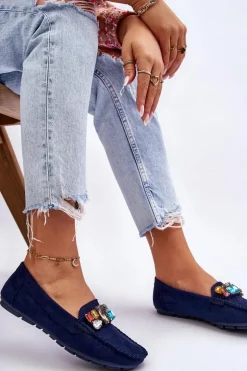 Damskie Zamszowe Mokasyny Z Kryształkami Granatowe Lucille