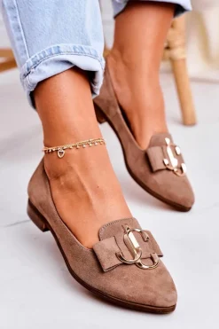 Damskie Zamszowe Mokasyny Baleriny Jasny Brąz Mary-Jane