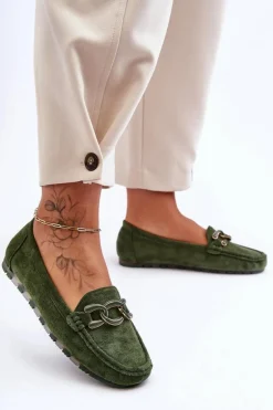 Damskie Zamszowe Mokasyny Na Płaskiej Podeszwie Zielone Appia