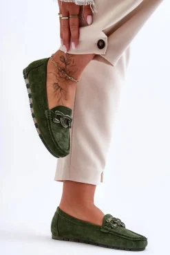 Damskie Zamszowe Mokasyny Na Płaskiej Podeszwie Zielone Appia