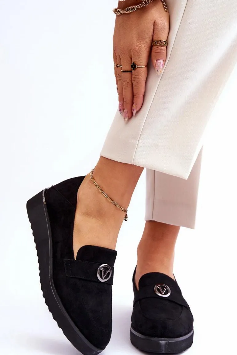 Damskie Zamszowe Mokasyny Na Niskim Koturnie Czarne Synthia