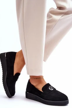Damskie Zamszowe Mokasyny Na Niskim Koturnie Czarne Synthia
