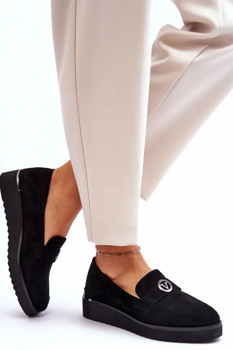 Damskie Zamszowe Mokasyny Na Niskim Koturnie Czarne Synthia