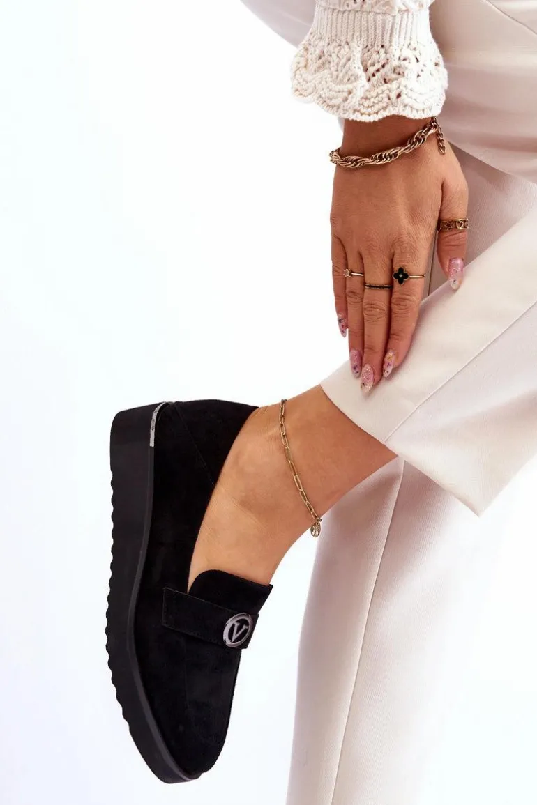 Damskie Zamszowe Mokasyny Na Niskim Koturnie Czarne Synthia