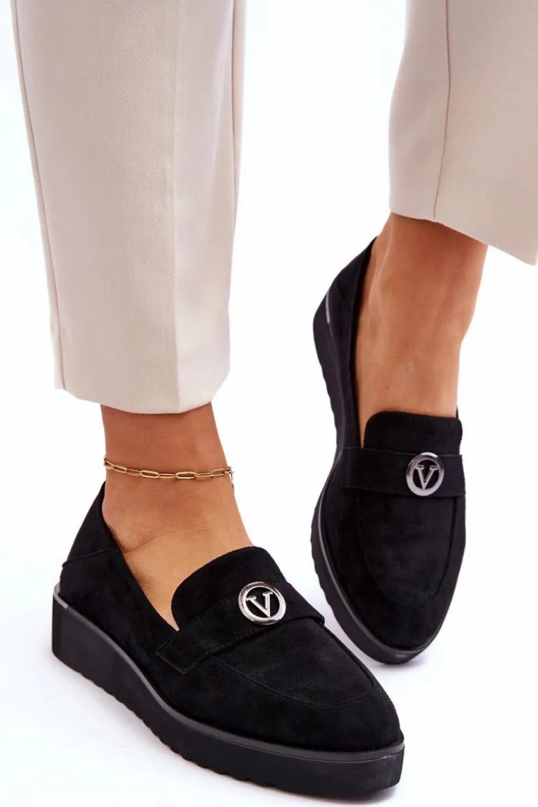 Damskie Zamszowe Mokasyny Na Niskim Koturnie Czarne Synthia