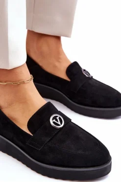 Damskie Zamszowe Mokasyny Na Niskim Koturnie Czarne Synthia