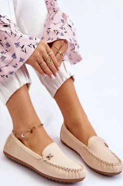 Damskie Zamszowe Mokasyny Z Ozdobą Beżowe Leah