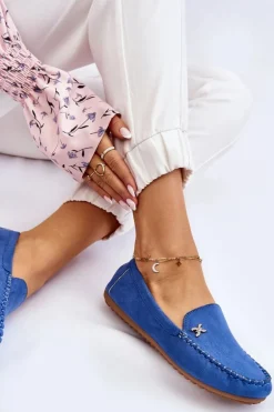 Damskie Zamszowe Mokasyny Z Ozdobą Niebieskie Leah
