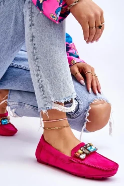 Damskie Zamszowe Mokasyny Z Kryształkami Fuksja Lucille