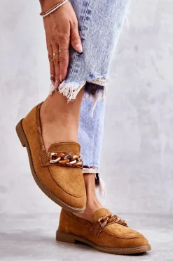 Damskie Zamszowe Mokasyny Z Łańcuszkiem Camel Nolie