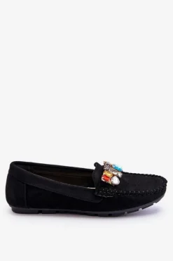 Damskie Zamszowe Mokasyny Z Kryształkami Czarne Lucille