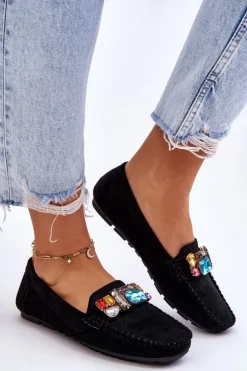 Damskie Zamszowe Mokasyny Z Kryształkami Czarne Lucille