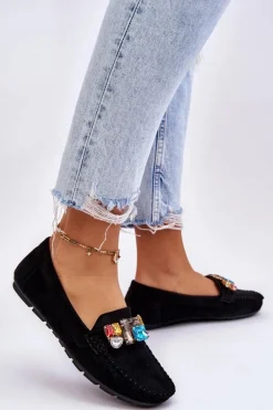 Damskie Zamszowe Mokasyny Z Kryształkami Czarne Lucille