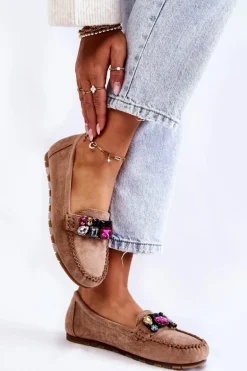 Damskie Zamszowe Mokasyny Z Ozdobami Beżowe Janetta