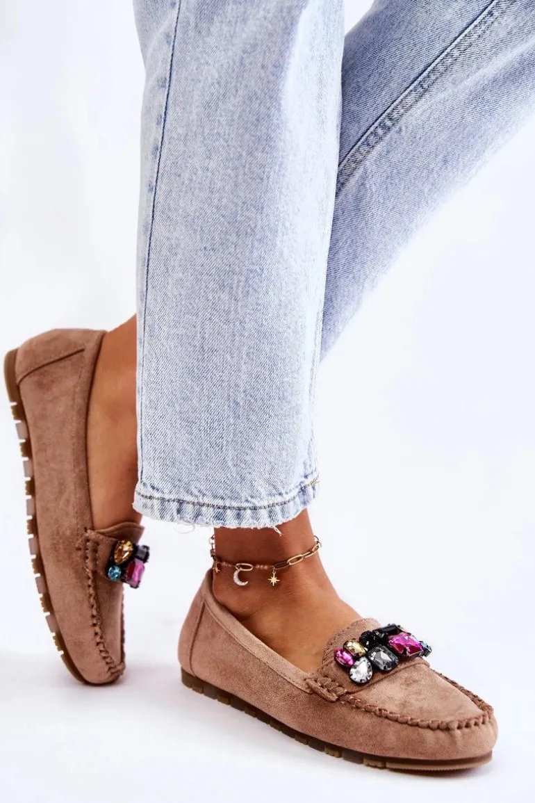 Damskie Zamszowe Mokasyny Z Ozdobami Beżowe Janetta