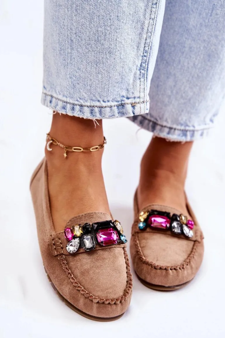 Damskie Zamszowe Mokasyny Z Ozdobami Beżowe Janetta