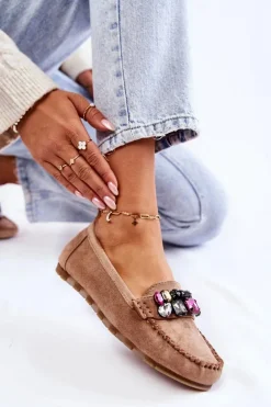 Damskie Zamszowe Mokasyny Z Ozdobami Beżowe Janetta