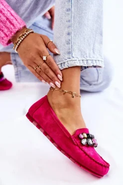 Damskie Zamszowe Mokasyny Z Ozdobami Fuksja Janetta