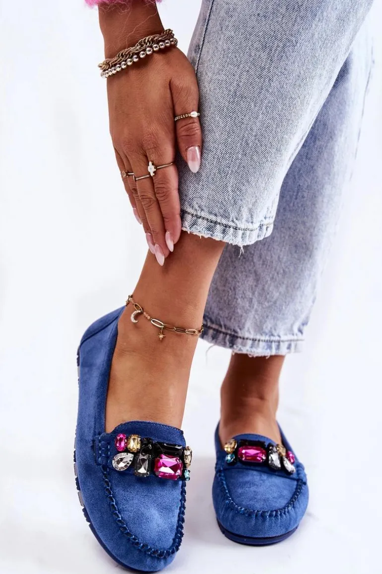 Damskie Zamszowe Mokasyny Z Ozdobami Niebieskie Janetta