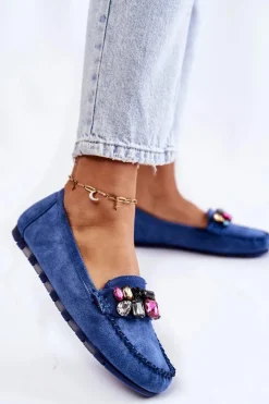 Damskie Zamszowe Mokasyny Z Ozdobami Niebieskie Janetta