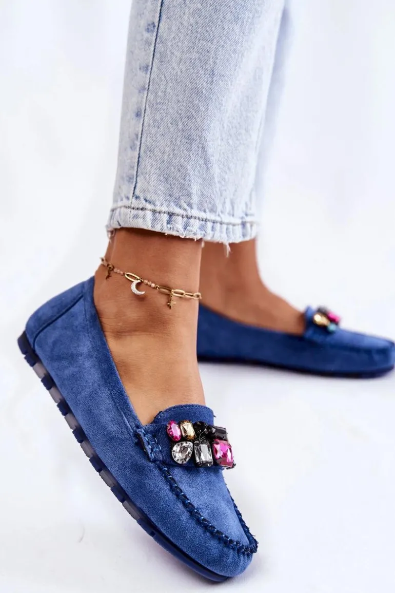 Damskie Zamszowe Mokasyny Z Ozdobami Niebieskie Janetta