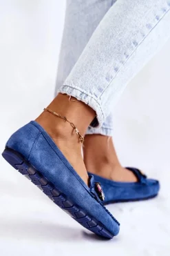 Damskie Zamszowe Mokasyny Z Ozdobami Niebieskie Janetta