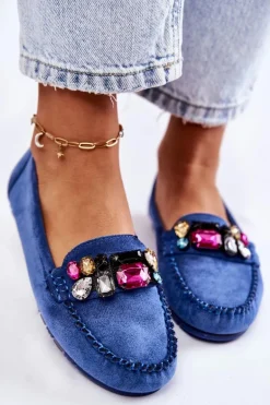 Damskie Zamszowe Mokasyny Z Ozdobami Niebieskie Janetta