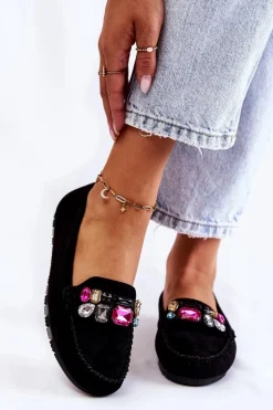 Damskie Zamszowe Mokasyny Z Ozdobami Czarne Janetta