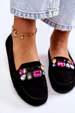 Damskie Zamszowe Mokasyny Z Ozdobami Czarne Janetta