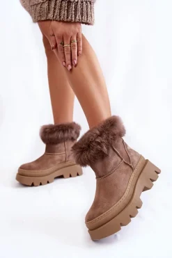 Damskie Zamszowe Śniegowce Ciemnobeżowe Lemar Ann