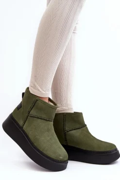 Damskie Zamszowe Śniegowce Maciejka 06257-24 Oliwkowe