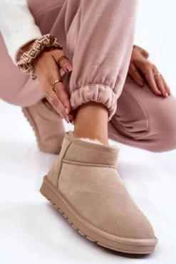 Damskie Zamszowe Niskie Śniegowce Jasnobeżowe Shelie
