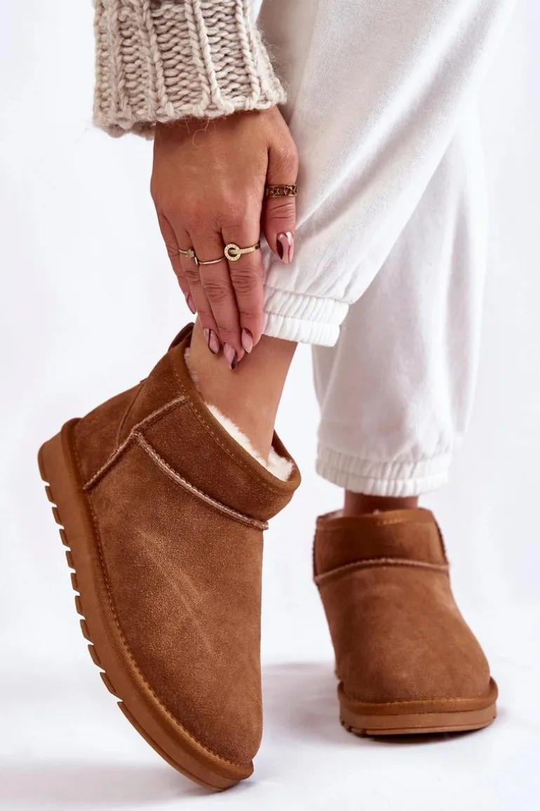 Damskie Zamszowe Niskie Śniegowce Camel Shelie