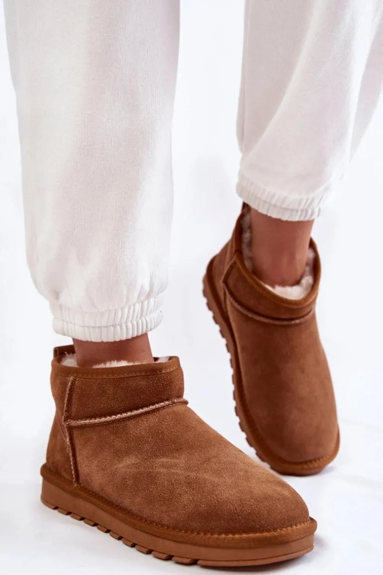 Damskie Zamszowe Niskie Śniegowce Camel Shelie