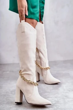 Damskie Zamszowe Ocieplane Kozaki Z Łańcuchem Jasnobeżowe Jasmin